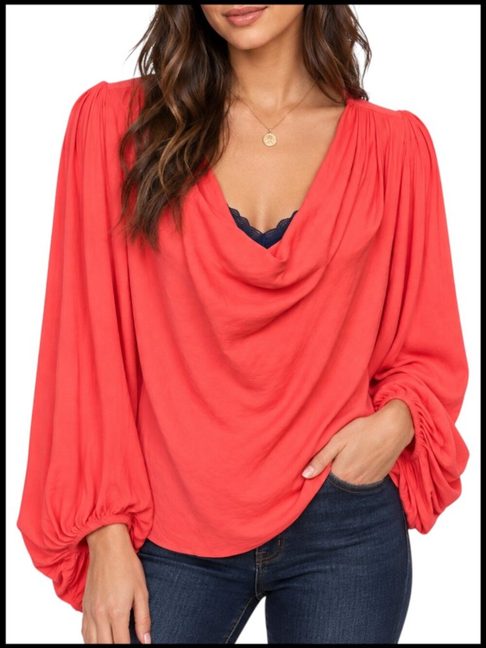 Free People Cowling Around Blouse Coral Orange Cowl Neck S